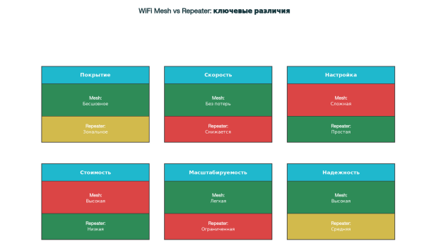 Карточки сравнения основных характеристик WiFi Mesh и Repeater Карточки сравнения основных характеристик WiFi Mesh и Repeater