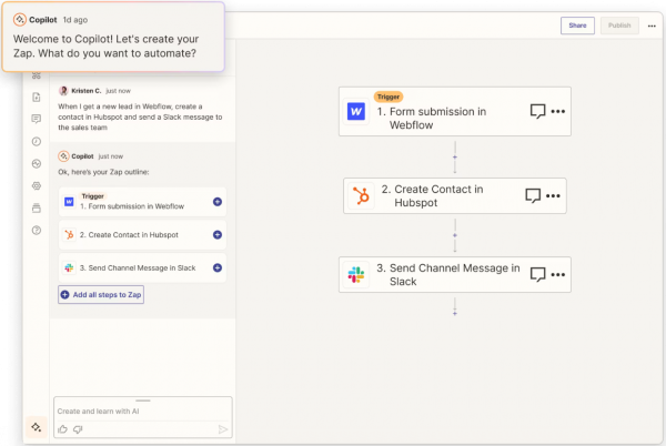 AI copilot Zapier создает рабочий процесс на основе запросов пользователя. Источник: Zapier