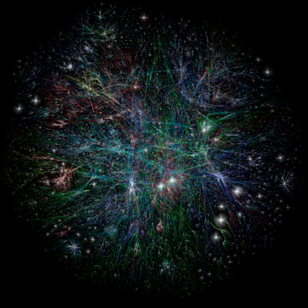 «Интернет 2003 года». Визуализация связности Сети по IP-адресам класса A (красный — Азия, зелёный — EMEA, синий и жёлтый — Америки, голубой — зарезервированные адреса RFC1918), источник: opte.org/the-internet