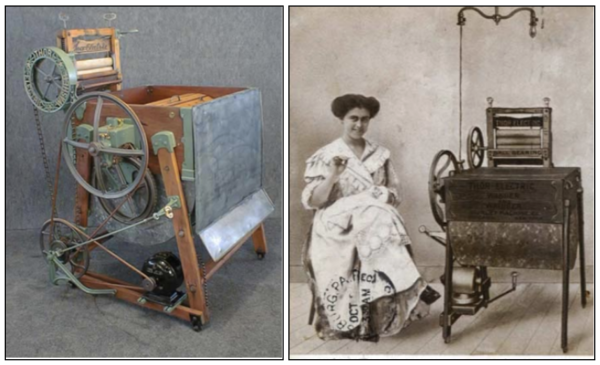 Слева — первая модель Thor: хорошо видны электрический привод, три колеса с приводными ремнями и емкость с барабаном, с загрузкой одежду сверху. Справа — счастливая домохозяйка из рекламного проспекта Слева — первая модель Thor: хорошо видны электрический привод, три колеса с приводными ремнями и емкость с барабаном, с загрузкой одежду сверху. Справа — счастливая домохозяйка из рекламного проспекта