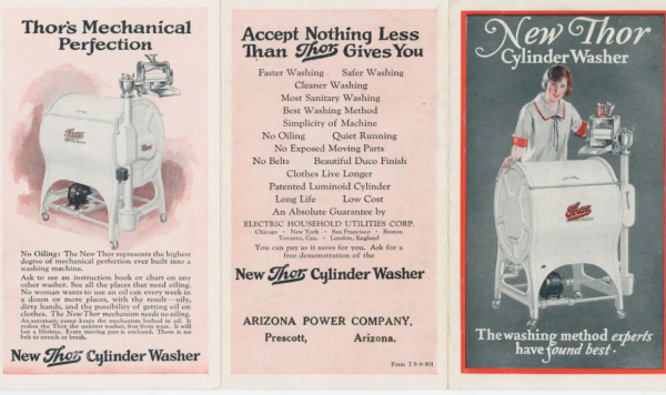 Рекламный проспект 1920 года, посвященный New Thor — второй версии стиральной машины, оснащенный патентованной конструкцией барабана Luminoid и новой системой подвода воды и слива в канализацию Рекламный проспект 1920 года, посвященный New Thor — второй версии стиральной машины, оснащенный патентованной конструкцией барабана Luminoid и новой системой подвода воды и слива в канализацию