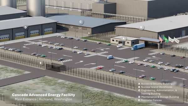 На рисунке изображена автостоянка, окруженная промышленными зданиями, обозначенными как: здание доступа и охраны, склад ядерного острова, инженерное, административное и учебное здание, а также здание технического обслуживания и склада.