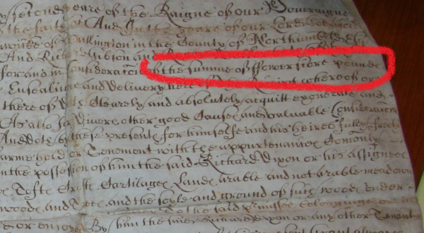 «… the summe of ffower score pounds…». Здесь score — это двадцать фунтов, т.е. четыре по двадцать. «… the summe of ffower score pounds…». Здесь score — это двадцать фунтов, т.е. четыре по двадцать.