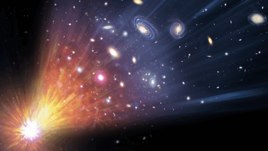 Давайте узнаем о жуткой "темной энергии’ 1 иллюстрация большого взрыва показывает, как звезды и галактики вырываются из крошечной яркой точки в пространстве