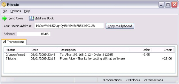 Скриншот стандартного биткоин-кошелька версии 0.3.0, январь 2009 года. Тогда были мечты, что кошелёк можно использовать для ежедневных расчётов в интернете без комиссии. Реальность оказалась мрачной: биткоины подорожали в миллион раз, и теперь их никто не хочет тратить