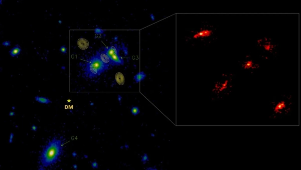 Недавно обнаруженный «Крест Эйнштейна» раскрывает существование гигантского гало темной материи 4 Красноватый свет в квадратной рамке справа — это увеличенная версия креста Эйнштейна из HerS3. Яркий...