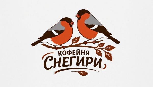 Prompt: Векторная графика на светлом фоне сидят два снегиря на ветке и надпись Кофейня СНЕГИРИ 
