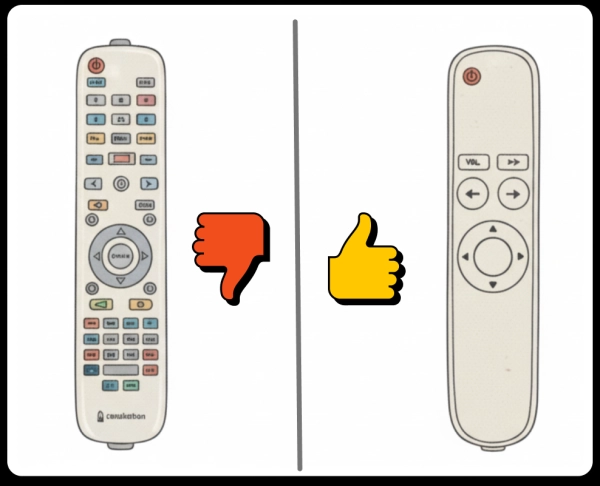 На изображении показан белый пульт дистанционного управления со множеством кнопок слева и значком в виде опущенного большого пальца, что намекает на то, что у пульта слишком много функций, из-за чего его интерфейс перегружен и в нем трудно ориентироваться.