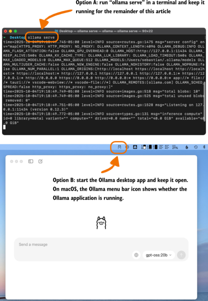 Рисунок 13 (единственный непереведенный): Два различных варианта для поддержания работы сервера Ollama (/приложения), чтобы мы могли использовать его через Ollama API в Python. Рисунок 13 (единственный непереведенный): Два различных варианта для поддержания работы сервера Ollama (/приложения), чтобы мы могли использовать его через Ollama API в Python.
