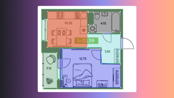 Пример неточной разметки: зона кухни размечена не по стене, между ванной и коридором затесалась «щель». Всё это потом чревато неправильным рендером 