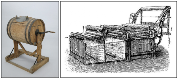 Слева — стиральная машина начала XIX века закрытого типа с кривошипным приводом и горизонтальной осью вращения. Справа — машина Box Mangler Натаниэля Бриггса 1797 года — сложная система рычагов и прокатных роликов Слева — стиральная машина начала XIX века закрытого типа с кривошипным приводом и горизонтальной осью вращения. Справа — машина Box Mangler Натаниэля Бриггса 1797 года — сложная система рычагов и прокатных роликов