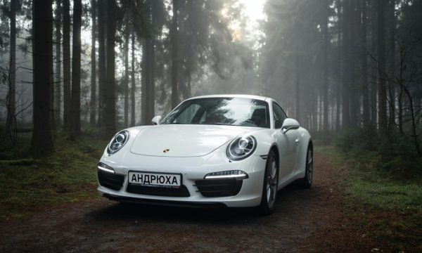 Prompt: Белый Порше 911 стоит в лесу в тумане. На его номерном знаке надпись Андрюха
