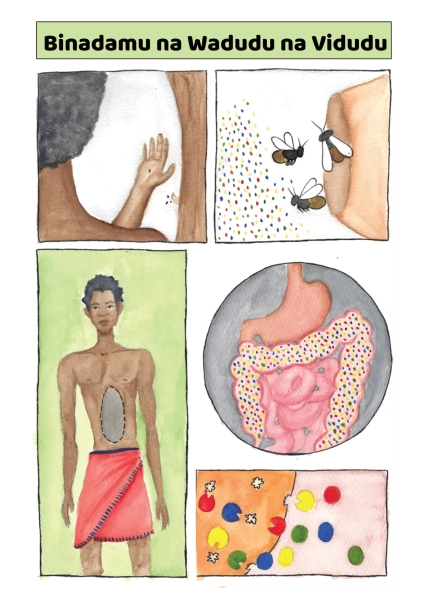 Инфографика под названием «Binadamu na Wadudu na Vidudu». В первой части изображён человек с точкой на ладони и крупным планом — пчелиное гнездо, окружённое точками. На нижних панелях показан человек, затем точки внутри кишечника и крупным планом — точки, поедающие еду в стиле «Пакмана».