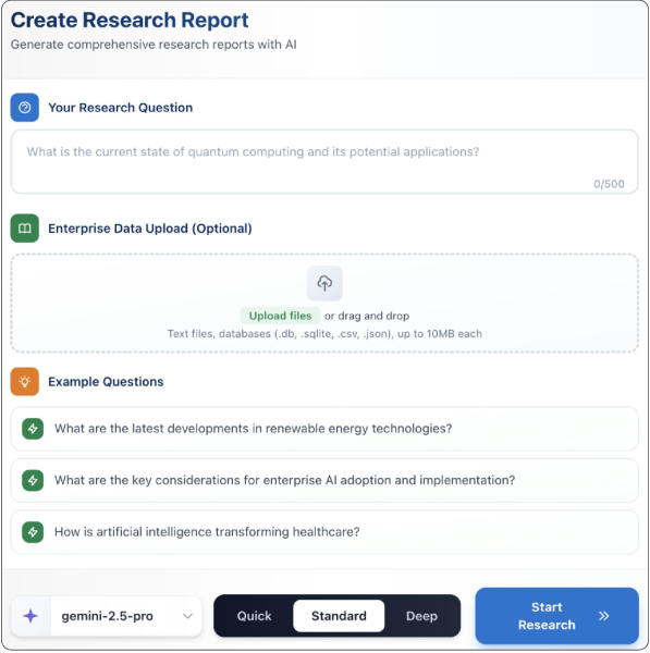 Скриншот домашнего экрана EDR: начальная страница для ввода исследовательского запроса и добавления файлов (изображения, таблицы, базы данных). Доступны 3 режима — быстрый обзор, стандартный режим глубокого исследования и максимально подробный отчёт — с возможностью выбрать базовую LLM.