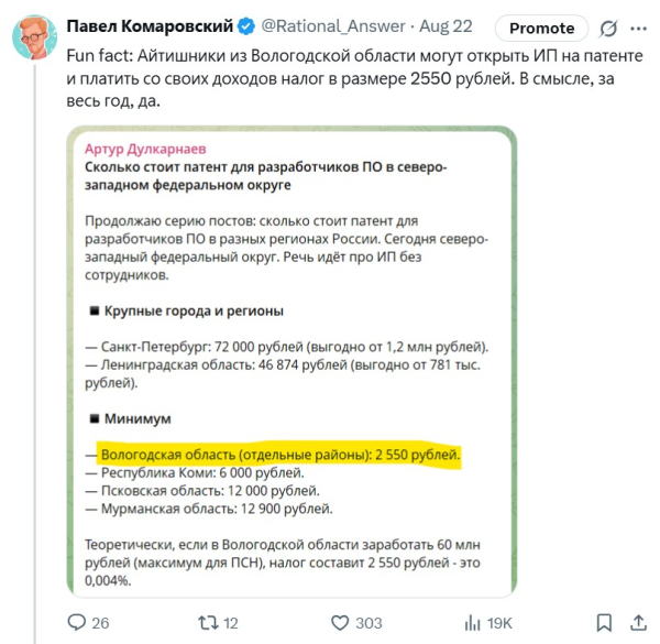 Мои соболезнования всем айтишникам из Вологды – налоговый лайфхак с патентом за 2550 рублей в год больше работать не будет… Мои соболезнования всем айтишникам из Вологды – налоговый лайфхак с патентом за 2550 рублей в год больше работать не будет…