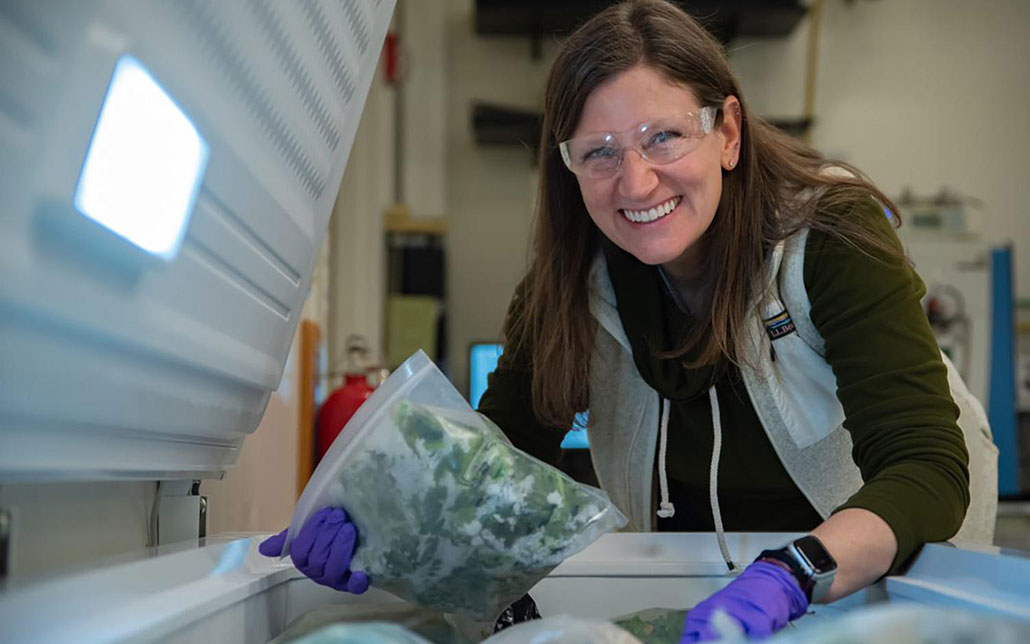 женщина тащит мешок шпинат из морозилки и улыбается