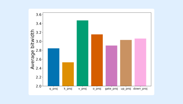 Распределение битности в зависимости от типа проекции. Чем выше столбец, тем выше средняя точность представления весов Распределение битности в зависимости от типа проекции. Чем выше столбец, тем выше средняя точность представления весов