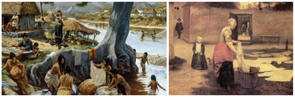 Слева — стирка белья в реке Тибр, Древний Рим. Справа — стирка белья во времена Средневековья Слева — стирка белья в реке Тибр, Древний Рим. Справа — стирка белья во времена Средневековья