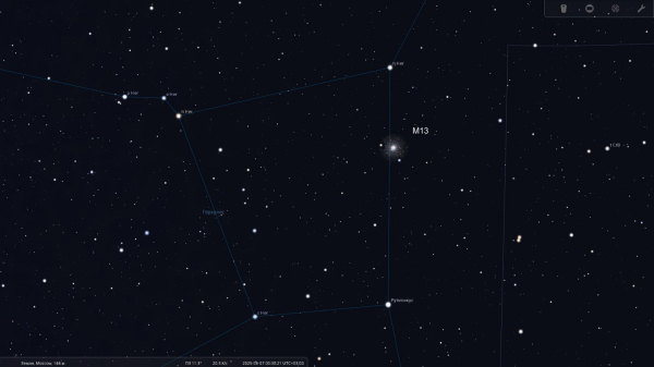 Расположение шарового звёздного скопления M13 относительно звёзд Трапеции Геркулеса Расположение шарового звёздного скопления M13 относительно звёзд Трапеции Геркулеса