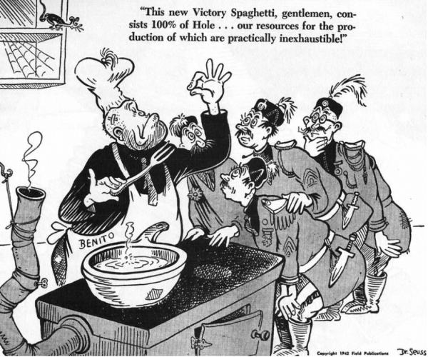 Ненавидевшего пасту Муссолини американцы в карикатурах тоже периодически рисовали со спагетти (ну или без них, как здесь) Ненавидевшего пасту Муссолини американцы в карикатурах тоже периодически рисовали со спагетти (ну или без них, как здесь)