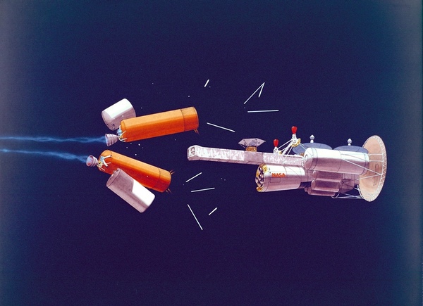 Аппараты Habitat выводились бы к Марсу с помощью разгонных ступеней. После использования ступени сбрасывались. Изображение: Картер Эммарт Аппараты Habitat выводились бы к Марсу с помощью разгонных ступеней. После использования ступени сбрасывались. Изображение: Картер Эммарт