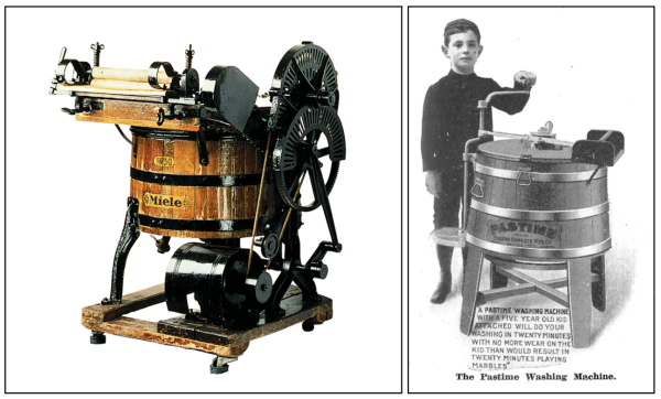 Слева — модель Miele №50 — очень компактная и легкая в сравнении с конкурентами. Справа — сверхпопулярная модель ручных стиральных машин Maytag Pastime в начале XX века Слева — модель Miele №50 — очень компактная и легкая в сравнении с конкурентами. Справа — сверхпопулярная модель ручных стиральных машин Maytag Pastime в начале XX века