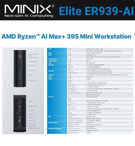Компактный ПК Minix Elite ER939-AI для работы с ИИ предлагает Ryzen AI Max+ 395 и 128 Гбайт памяти