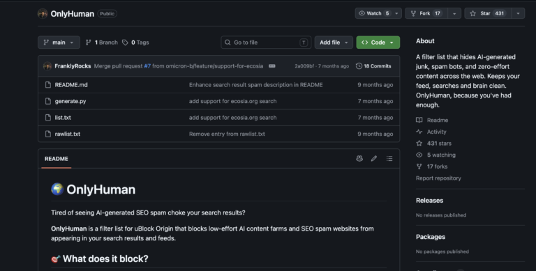 OnlyHuman: фильтр, который очищает интернет от AI-спама Для uBlock Origin…