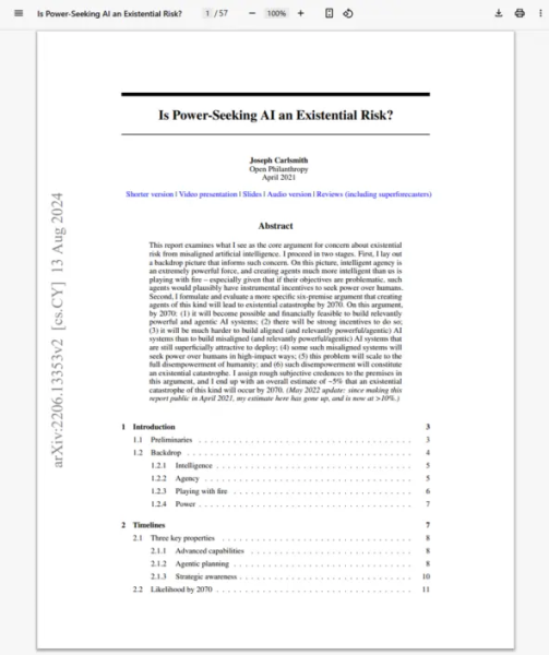 Исследователь Джозеф Карлсмит прогнозирует, что к 2070 году есть 10% шансов на то, что ИИ выйдет из-под контроля и подчинит себе экономику, военных и инфраструктуру (энергосети, транспорт, интернет и др.). Ну и само собой, люди вымрут