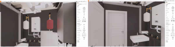 Мы включаем режим прогулки — видно, где воздуховоды, котёл, лестница. Без ярких цветов — только серые конструкции, чтобы понять пространство и инженерные решения. 