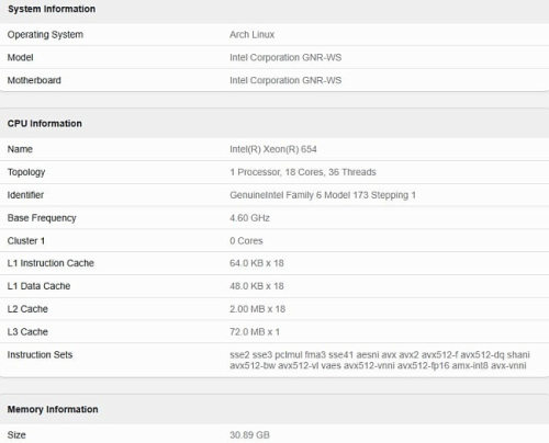 18-ядерный процессор Intel Xeon 654 семейства Granite Rapids-WS отметился в Geekbench 18-ядерный процессор Intel Xeon 654 семейства Granite Rapids-WS отметился в Geekbench