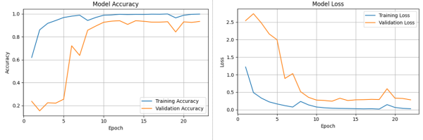 Рис. 9. Графики зависимости точности классификации и значений функции потерь от числа эпох обучения после аугментации.       