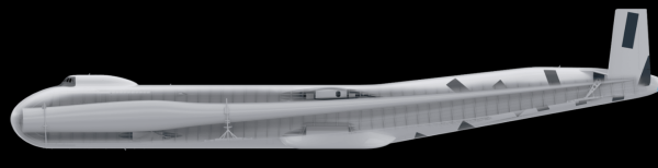 Показана уложенная лопасть длиной 105 метров — занимает почти всю длину самолета