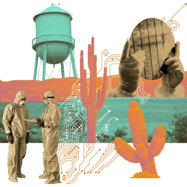 Новая Кремниевая долина (в буквальном смысле) 4 На рисунке изображены водонапорная башня, рабочие, переносящие чипсы и пластины, а также кактусы на фоне пустыни.