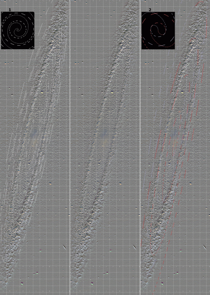 Рис. 3. Галактика M104, спирали 1 и 2. По центру – чистый 3D-штамп, в верхней части вид смоделированной линии после поворота на 90 градусов. Рис. 3. Галактика M104, спирали 1 и 2. По центру – чистый 3D-штамп, в верхней части вид смоделированной линии после поворота на 90 градусов.