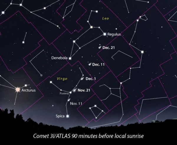 Вот поисковая карта для 3I/ATLAS. Этот объект прошёл за Солнцем, если смотреть с Земли, в конце октября 2025 года. Теперь он появился на утреннем небе. Используйте эту карту, чтобы навести свой телескоп… и ищите «звезду», которая выглядит размытой! Изображение: Боб Кинг, он же AstroBob. Вот поисковая карта для 3I/ATLAS. Этот объект прошёл за Солнцем, если смотреть с Земли, в конце октября 2025 года. Теперь он появился на утреннем небе. Используйте эту карту, чтобы навести свой телескоп… и ищите «звезду», которая выглядит размытой! Изображение: Боб Кинг, он же AstroBob.