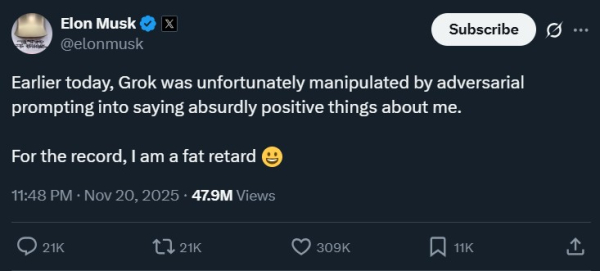 Во всём виноват «враждебный промптинг»! Но зато теперь мы знаем, что Илон самоидентифицируется как «жирный дебил» 🤔