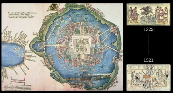 Рисунки и карты Теночтитлана, слева первая европейская карта от 1524 года