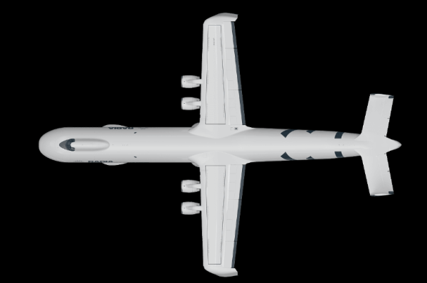 Самолет на макете выглядит довольно странно, за счет явного перекоса в соотношении длины фюзеляжа к размаху крыльев