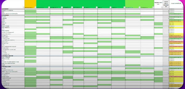 Пример таблицы Excel/Google с анализом конкурентов. Столбцы: элементы сайта (верхнее меню, карта, отзывы, цены и т.д.), строки: сайты конкурентов с галочками  