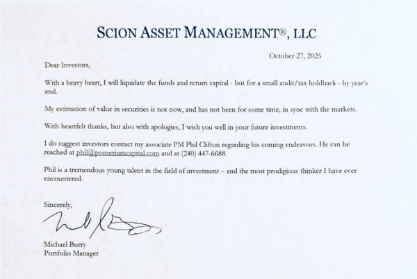 По сети гуляет прощальное письмо Бьюрри инвесторам, но подлинность этого письма не подтверждена