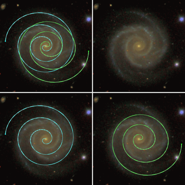 Рис. 4. Галактика NGC 2857 и ее основная спираль. В нижнем ряду два рукава этой двойной спирали изображены раздельно. Рис. 4. Галактика NGC 2857 и ее основная спираль. В нижнем ряду два рукава этой двойной спирали изображены раздельно.