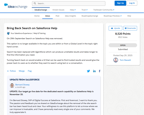 Тот самый тикет-петиция на сайте Salesforce. Вице-президент Бернард Слоуи объявляет, что они возвращают поиск Тот самый тикет-петиция на сайте Salesforce. Вице-президент Бернард Слоуи объявляет, что они возвращают поиск