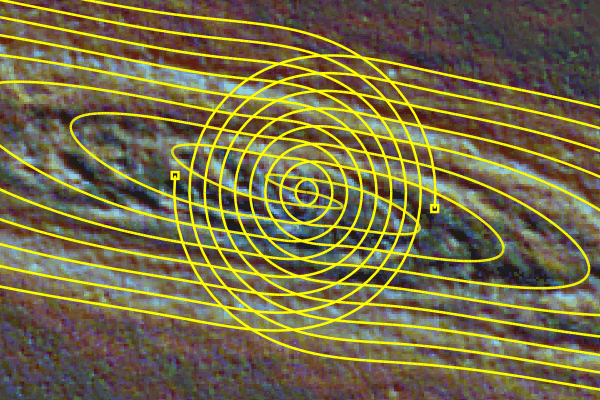 Рис. 17. Галактика Андромеда, центральная область. Спирали спутников группы Z. Рис. 17. Галактика Андромеда, центральная область. Спирали спутников группы Z.