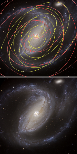 Рис. 3. Галактика NGC 1097 (ESO 0438d, Arp 77) и ее две спирали (желтая и красная). Рис. 3. Галактика NGC 1097 (ESO 0438d, Arp 77) и ее две спирали (желтая и красная).