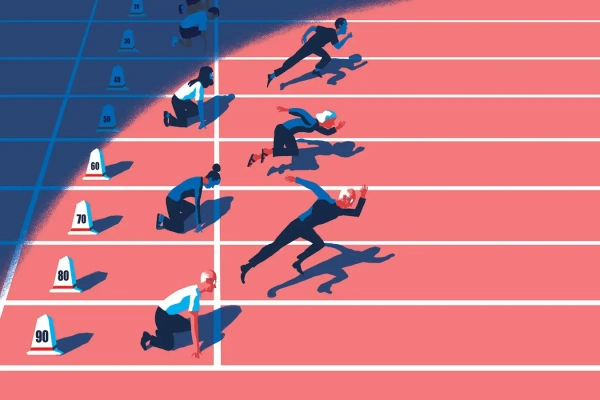 Рождение детей играет сложную роль в скорости нашего старения. 3 Иллюстрация, изображающая бегунов на беговой дорожке