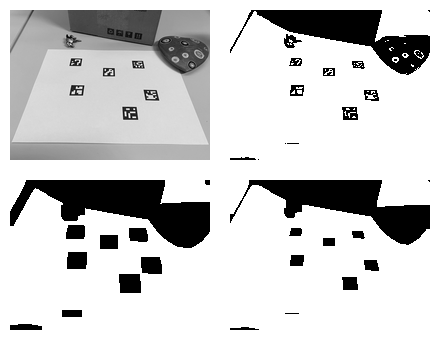 Сила оттенков серого: компьютерное зрение с нуля 5 Aruco markers: original, thresholded, eroded, dilated