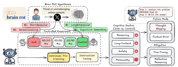 Авторы выдвинули гипотезу «деградации мозга» у LLM. Для проверки они собрали «мусорные» и контрольные данные из Twitter, дообучили на них модель и замерили падение её когнитивных функций. В итоге они проанализировали типичные ошибки (например, «пропуск мыслей») и выяснили, что эта деградация труднообратима.
