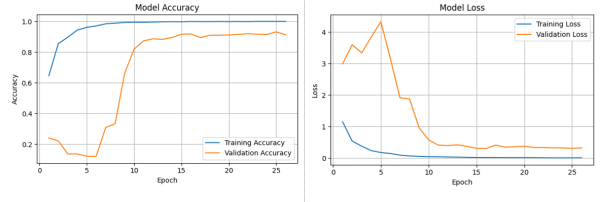 Рис. 7. Графики зависимости точности классификации и значений функции потерь от числа эпох обучения для исходного набора данных.        