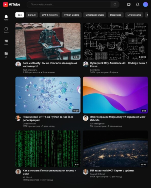 Страница клон-YouTube, созданной Gemini 3 Pro Preview.